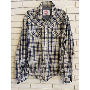 Christian Audigier Shirt size XL Pearl Snap Blue Tan Plaid Long Sleeve‎ Western